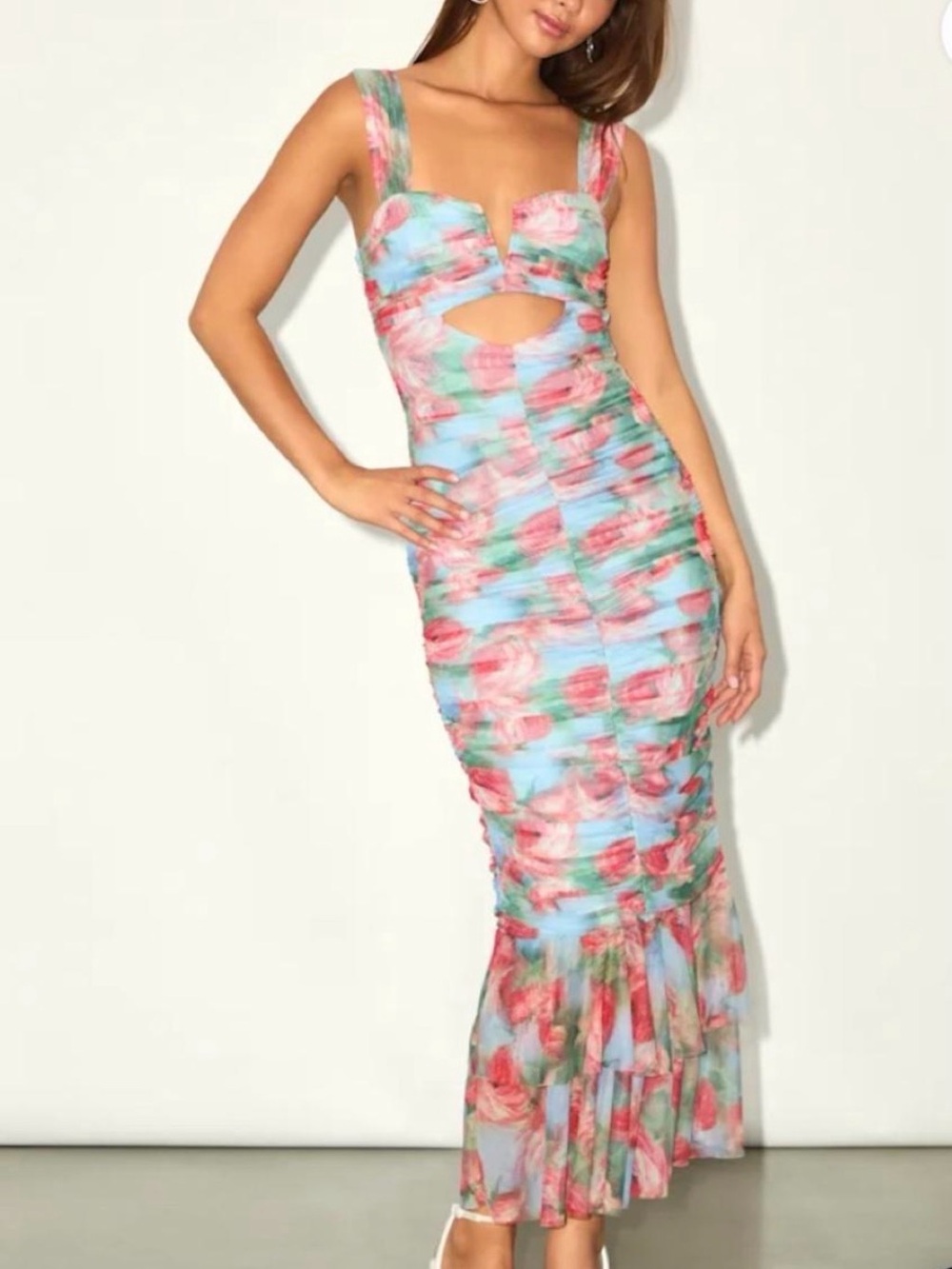 Lulus Floral Ruched Mermaid Maxi Dress in Pink and Blue